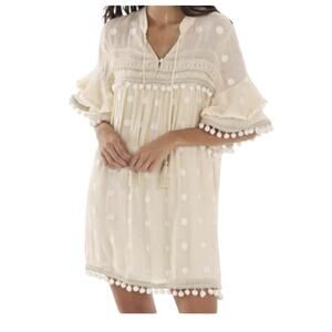 Allison off white pom pom embroidered polka dot ruffle shirt dress SIZE M
